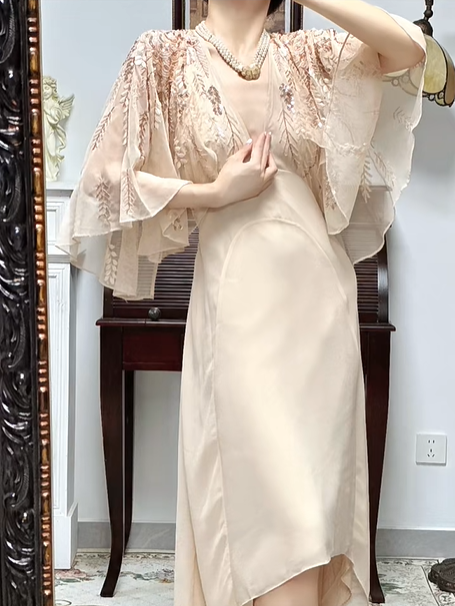 Pale‑Apricot‑Vintage‑Bohemian V‑Neck Batwing‑Flutter‑Sleeve Leaf‑Sequin‑Embroidery High‑Waist High‑Low‑Chiffon Evening Tea‑Party Gown gh8814