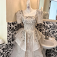 Ivory Square Neck Waist-Cinched Gown with Silver Embellishments, Elegant Voluminous Long Skirt Vintage Romantic Dress, Wedding Gown gh7548