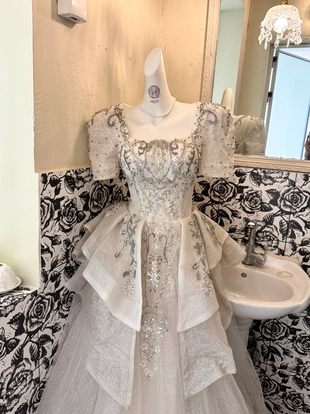 Ivory Square Neck Waist-Cinched Gown with Silver Embellishments, Elegant Voluminous Long Skirt Vintage Romantic Dress, Wedding Gown gh7548
