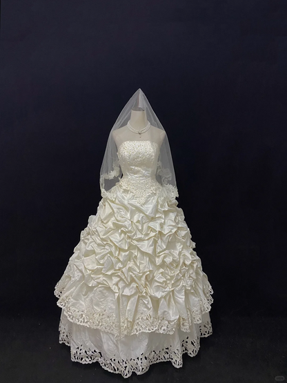 Off White Strapless Romantic Gown, Lace Fabric, Cinched Waist, Voluminous Tiered Skirt with Lace Trim, Wedding Gown gh8105