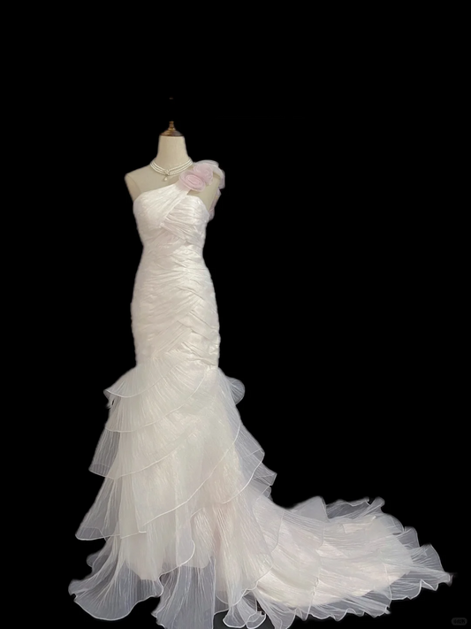 Blush Pink One-Shoulder Sexy Long Romantic Wedding Dress, Fitted Waist, Bodycon Silhouette gh8331