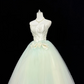 White Satin Strapless Cinched Waist Light Green Voluminous Skirt Long Romantic Dress, Wedding Gown gh7882