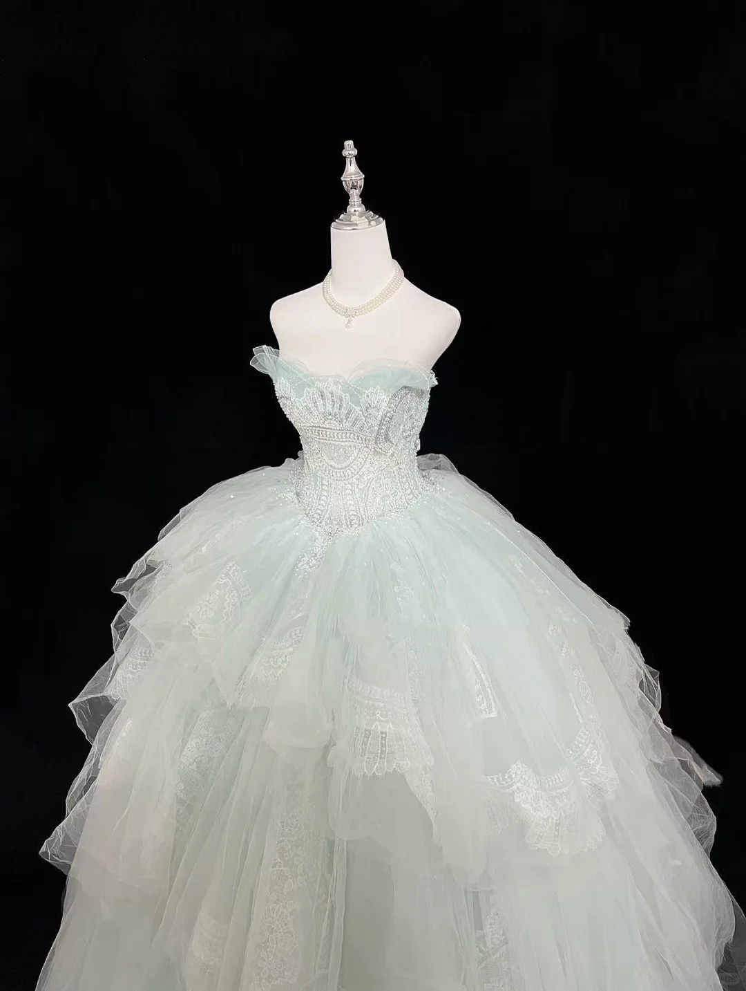 Light Green Strapless Cinched Waist Voluminous Princess Skirt Long Romantic Dress, Wedding Gown gh7970