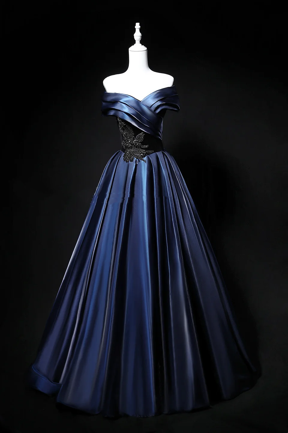 Navy Blue Off-Shoulder Waist-Cinched Fitted Full Flared Long Evening Dress, Fairy Gown, Romantic Gown gh7478