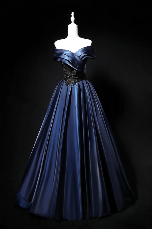 Navy Blue Off-Shoulder Waist-Cinched Fitted Full Flared Long Evening Dress, Fairy Gown, Romantic Gown gh7478
