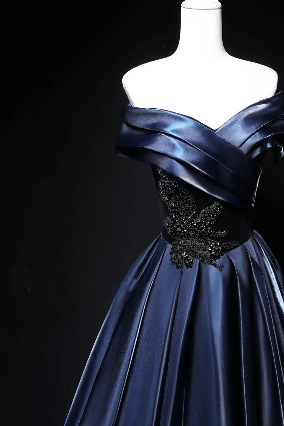 Navy Blue Off-Shoulder Waist-Cinched Fitted Full Flared Long Evening Dress, Fairy Gown, Romantic Gown gh7478