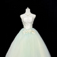 White Satin Strapless Cinched Waist Light Green Voluminous Skirt Long Romantic Dress, Wedding Gown gh7882