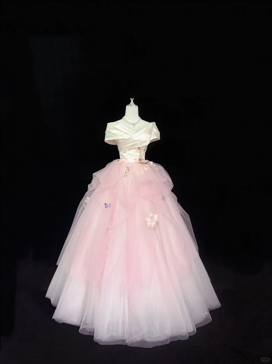 Blush Pink Satin Cinched Waist Voluminous Tulle Skirt Long Elegant Romantic Dress, Wedding Gown gh7845