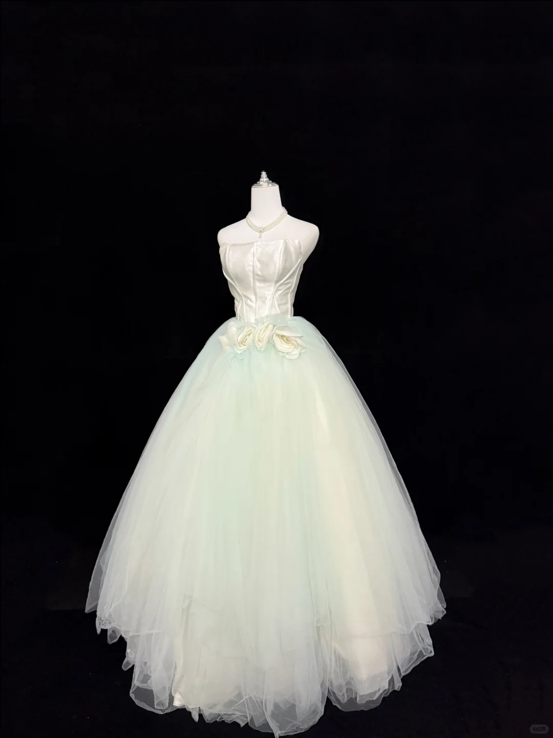 White Satin Strapless Cinched Waist Light Green Voluminous Skirt Long Romantic Dress, Wedding Gown gh7882