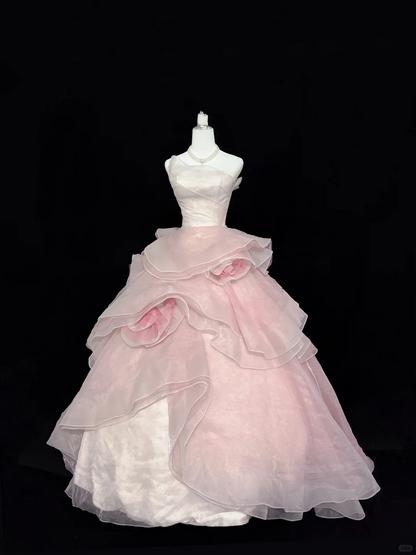 Blush Pink Strapless Cinched Waist Long Romantic Dress with Multi-Layer Voluminous Skirt, Wedding Gown gh7930