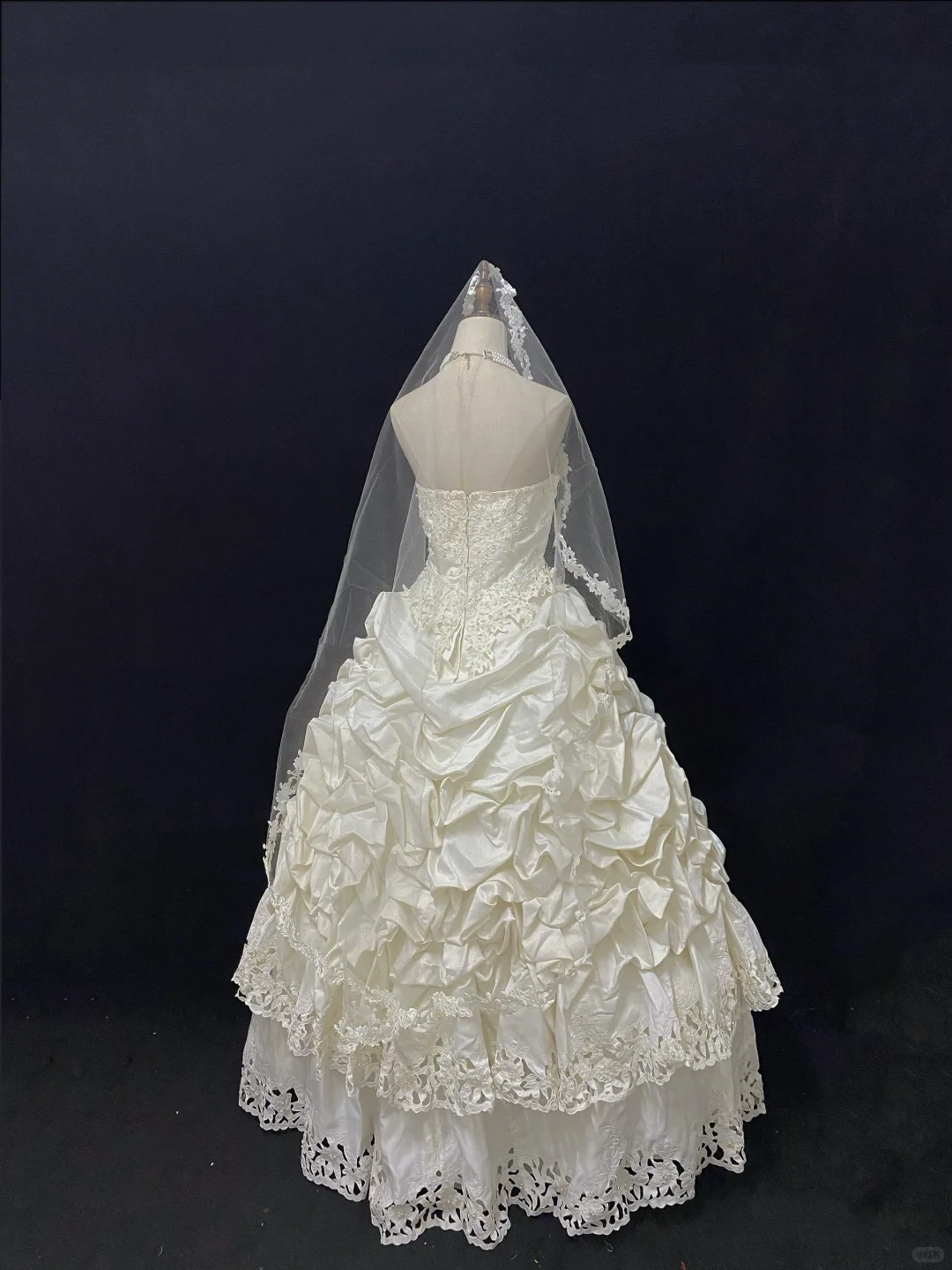 Off White Strapless Romantic Gown, Lace Fabric, Cinched Waist, Voluminous Tiered Skirt with Lace Trim, Wedding Gown gh8105