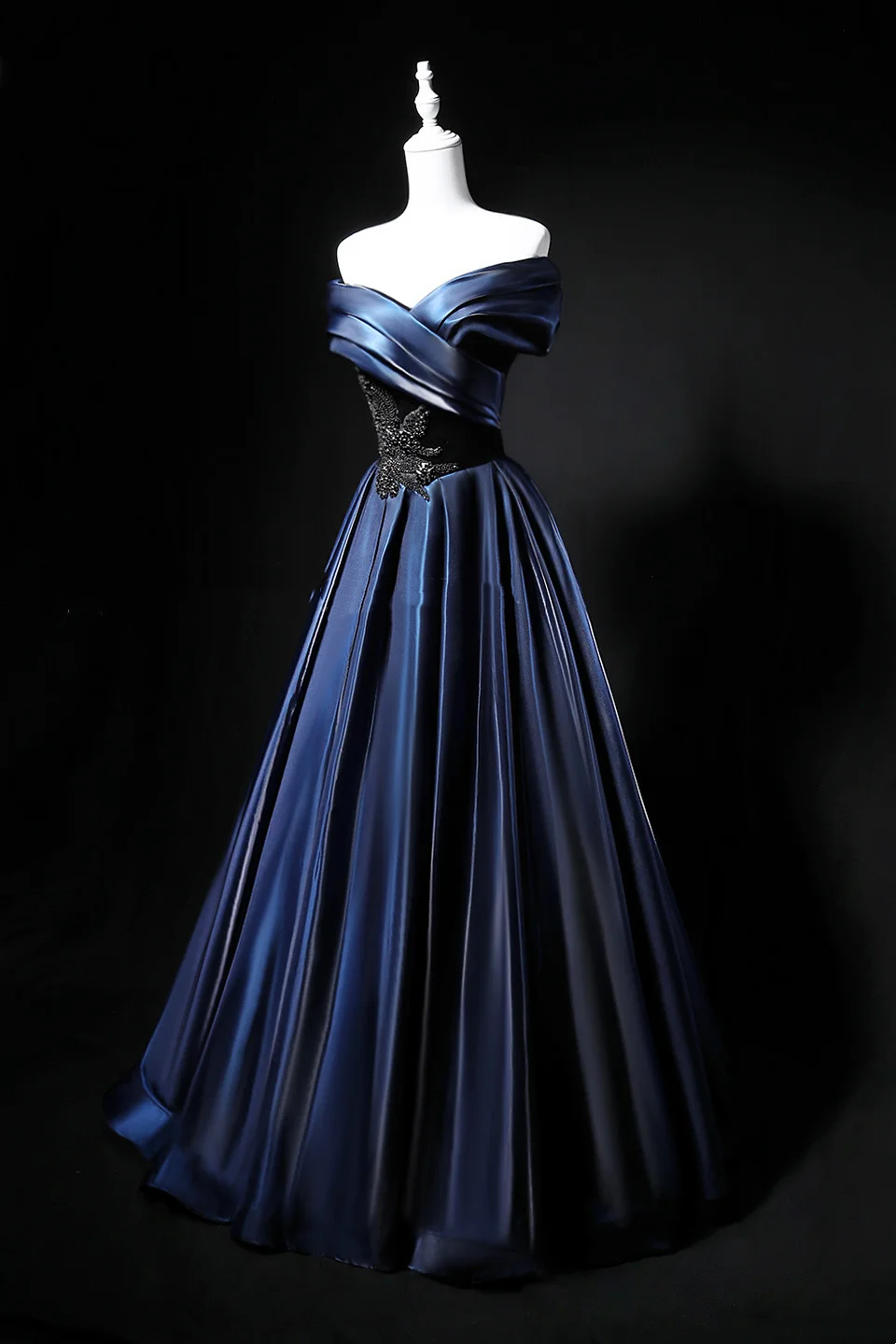 Navy Blue Off-Shoulder Waist-Cinched Fitted Full Flared Long Evening Dress, Fairy Gown, Romantic Gown gh7478