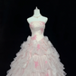 Blush Pink Strapless Cinched Waist Ruffled Edge Voluminous Skirt Girly Romantic Dress, Wedding Gown gh8066