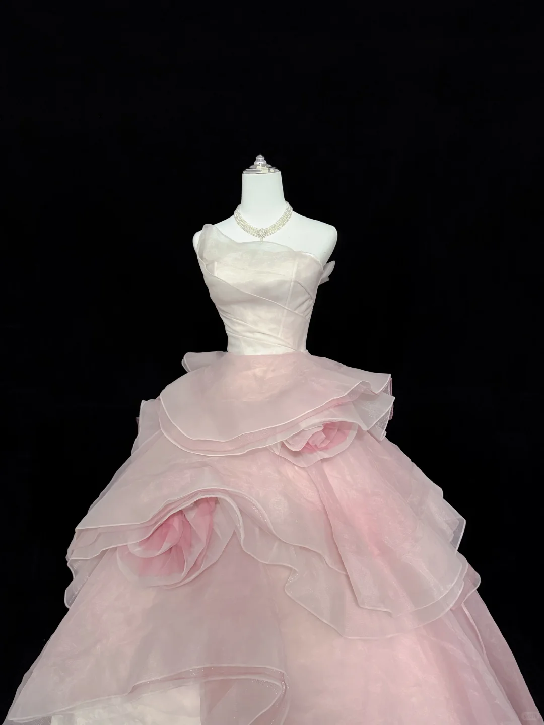 Blush Pink Strapless Cinched Waist Long Romantic Dress with Multi-Layer Voluminous Skirt, Wedding Gown gh7930