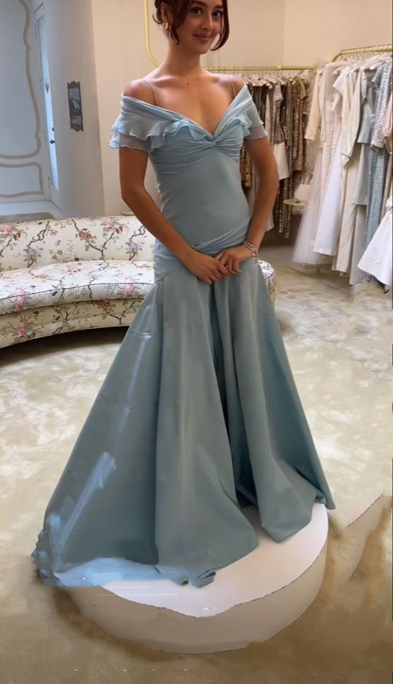 Blue elegant simple off-shoulder tulle long ball gown evening dress gh3018