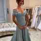 Blue elegant simple off-shoulder tulle long ball gown evening dress gh3018