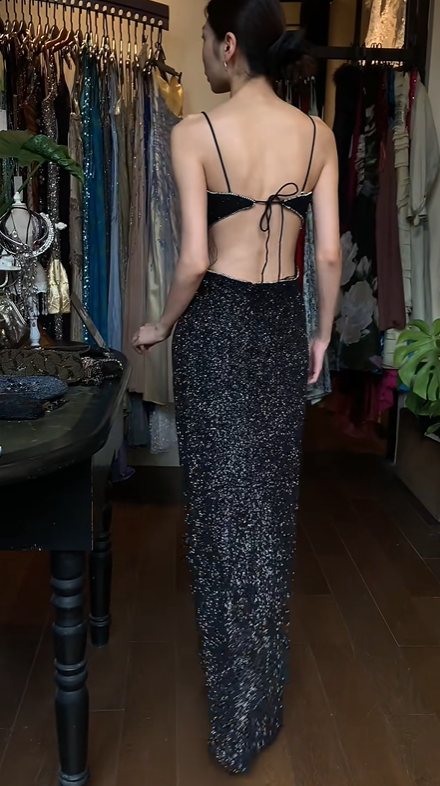 Black Gradient Sequin Long Formal Gown Spaghetti Straps Slim Mermaid Evening Dress gh9641