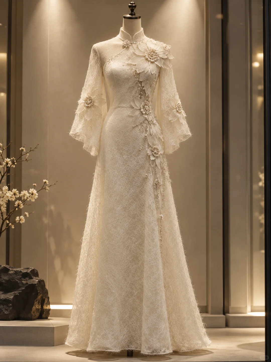 ✨Girlhomeshops-Ivory Lace Qipao Bridal Dress High Collar Bell Sleeve with 3D Flowers & Pearl Beading gh10315