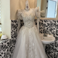 Ivory Rhombus Rhinestone Puff Sleeve Waist-Cinched Full Flared Romantic Dress, Wedding Gown gh7524
