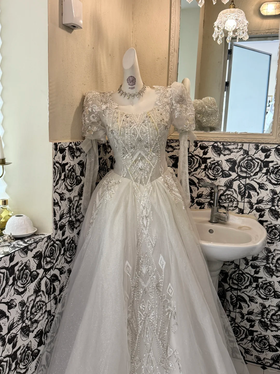 Ivory Rhombus Rhinestone Puff Sleeve Waist-Cinched Full Flared Romantic Dress, Wedding Gown gh7524