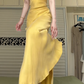 Golden Yellow Satin Spaghetti Strap Mermaid Long Evening Gown, V‑Neck Back Tie Adjustable Formal Prom Dress gh8984