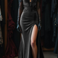 Girlhomeshops-Burgundy lace sweetheart neckline slit sexy long velvet prom dress gh5431