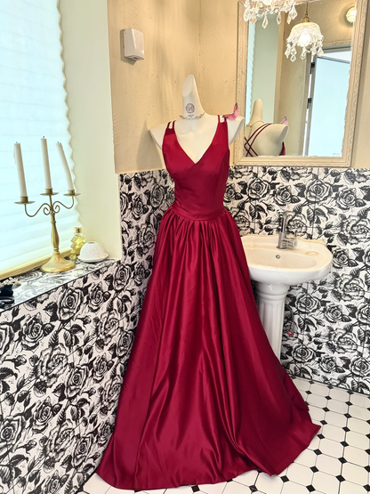 Red Spaghetti Strap Satin Waist-Cinched Sexy Long Romantic Dress, Wedding Gown gh7540