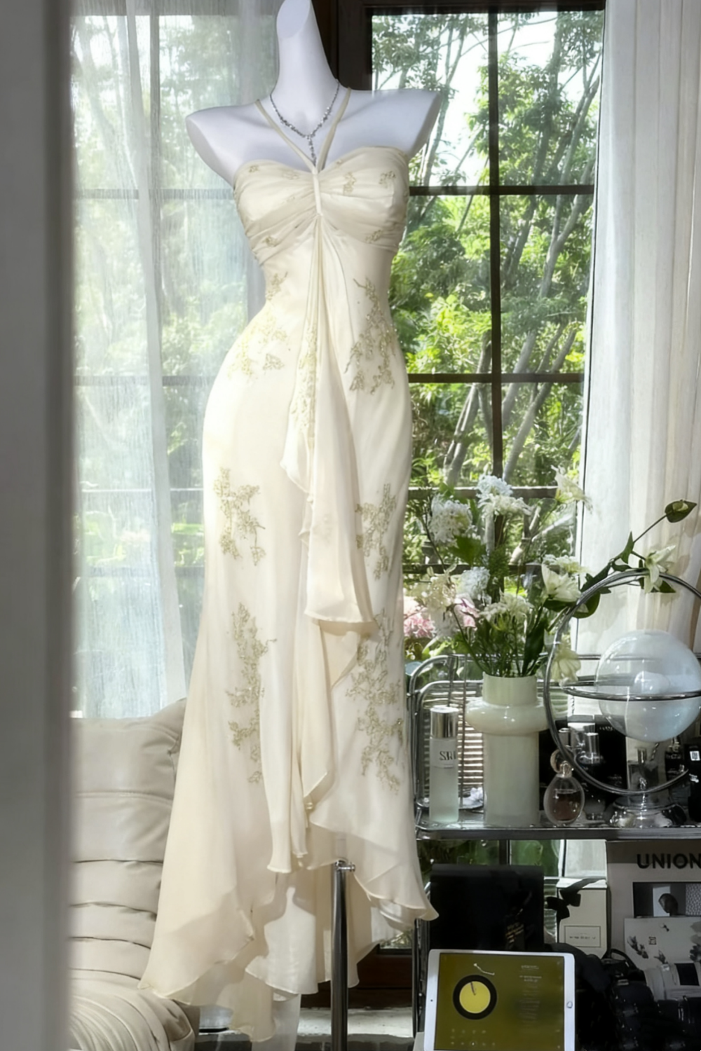 ✨Girlhomeshops-Robe de soirée longue en mousseline de soie, exquise et magnifique, avec perles vertes, gh4987