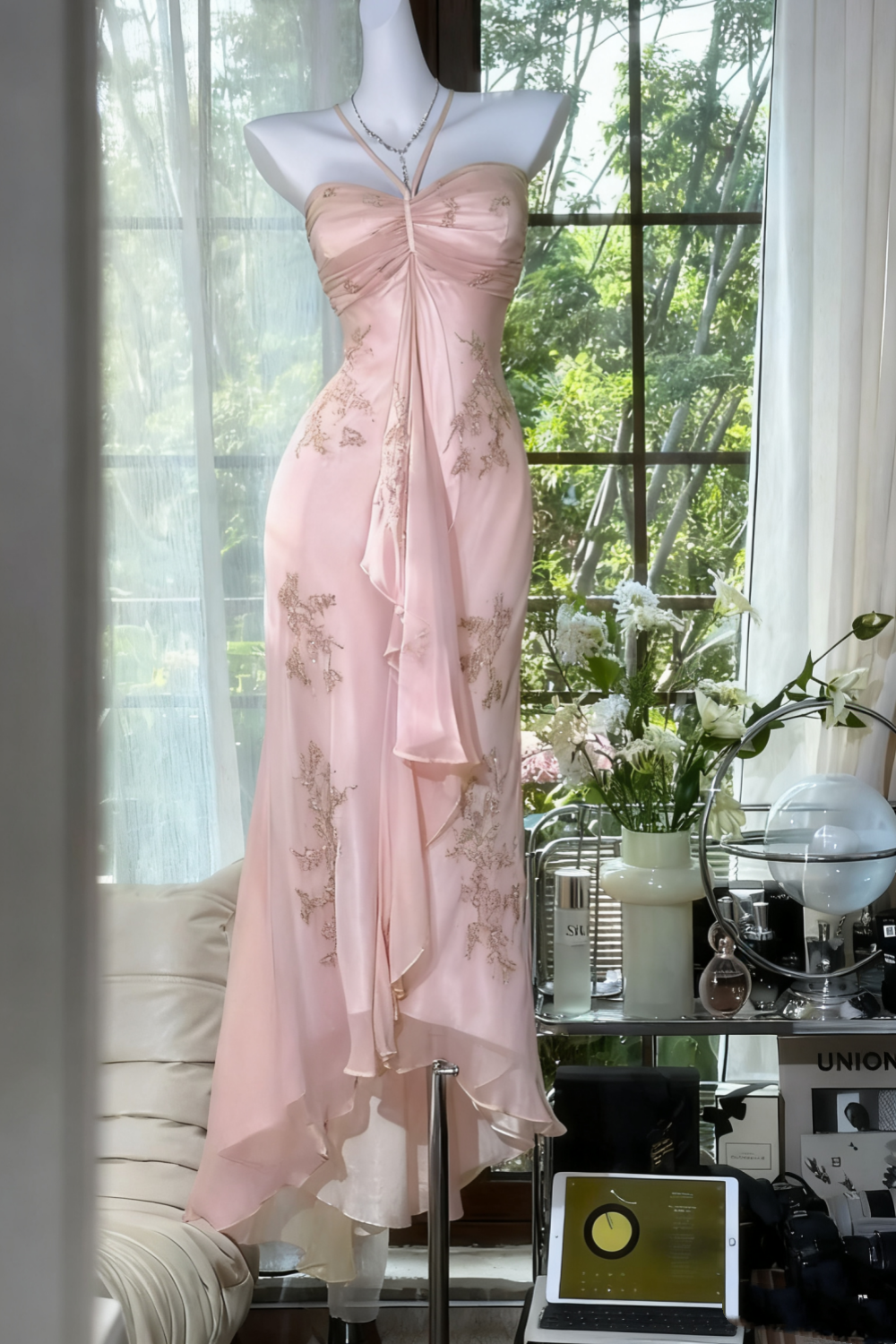 ✨Girlhomeshops-Robe de soirée longue en mousseline de soie, exquise et magnifique, avec perles vertes, gh4987