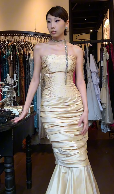 Champagne Satin Strapless Mermaid Evening Gown Beaded Bodice Ruched Skirt Long Prom Dress gh9722