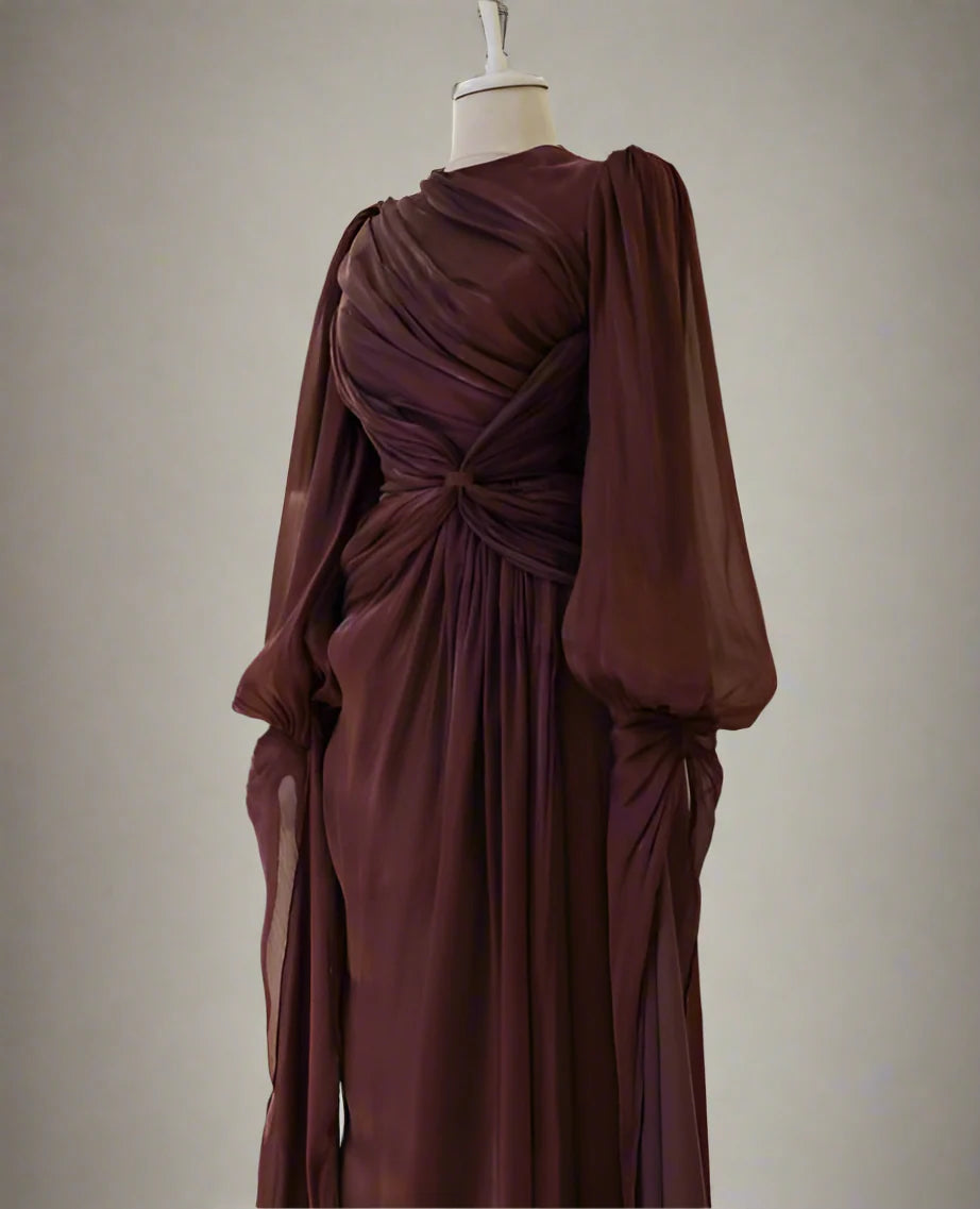 Robe de soirée bordeaux à manches longues, coupe trapèze, robe de bal, gh4317