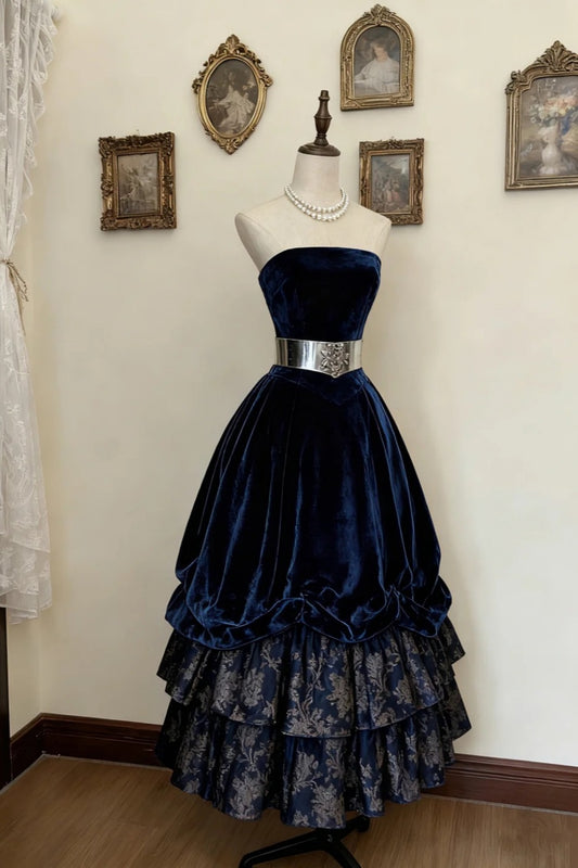 girlhomeshops-Navy Blue Long Vintage Velvet Floral Ball Gown gh5935