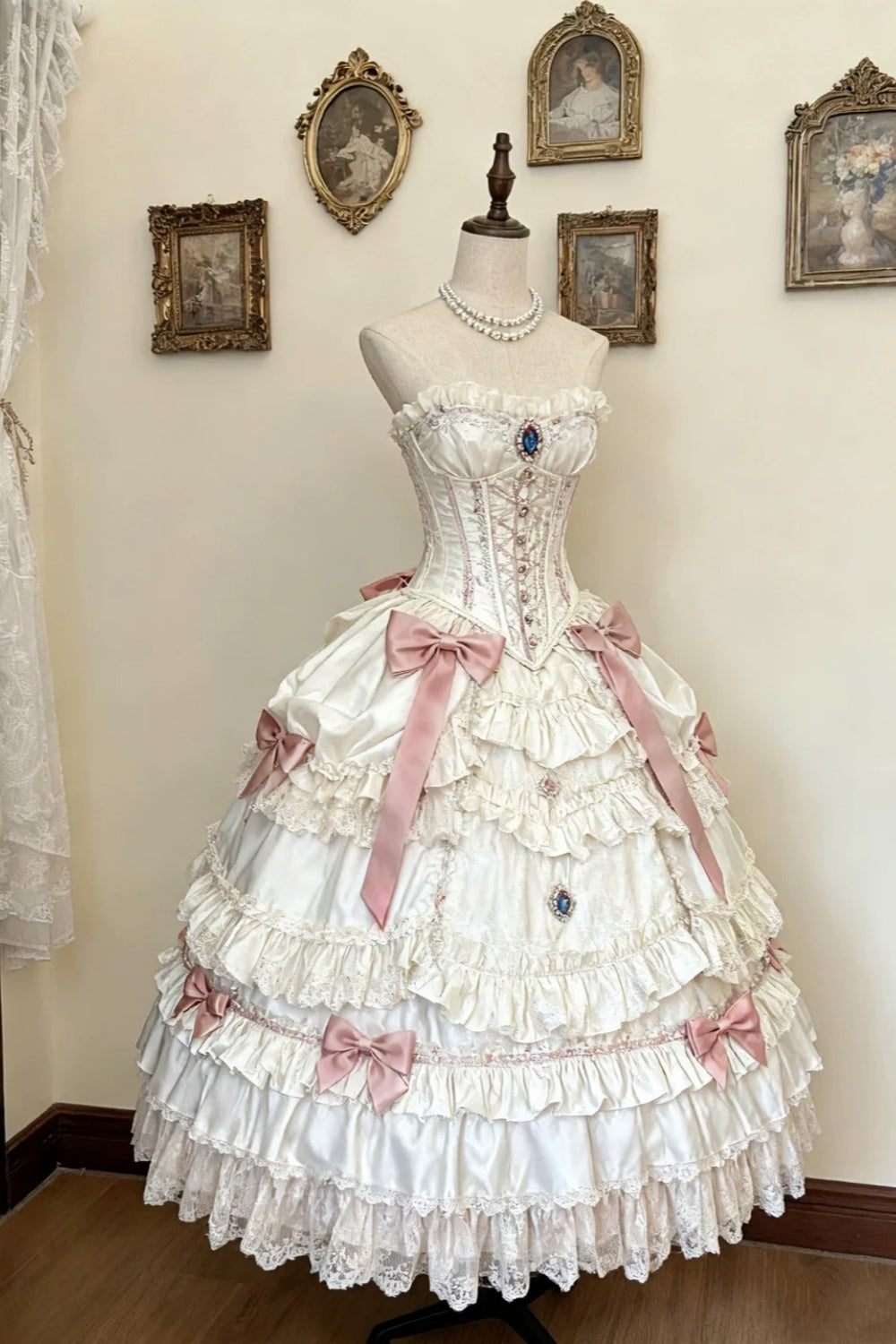 Girlhomeshops - Robe longue en tulle et dentelle, style rétro classique, crème, abricot et rose, entrelacée, style lolita, robe de bal florale, gh5937