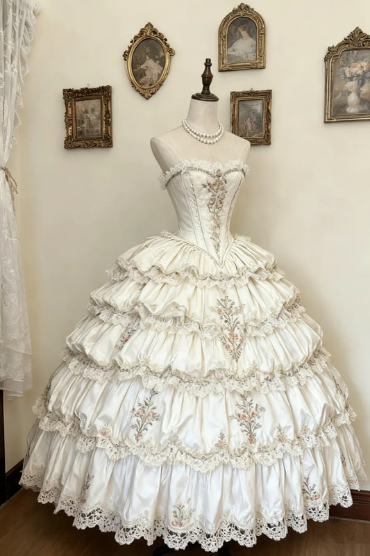 girlhomeshops-Langes Tüll-Spitzen-Retro-Klassiker-Traum-Lolita-Brautkleid, Palast-Lolita-Kleid, Blumen-Ballkleid, gh5938