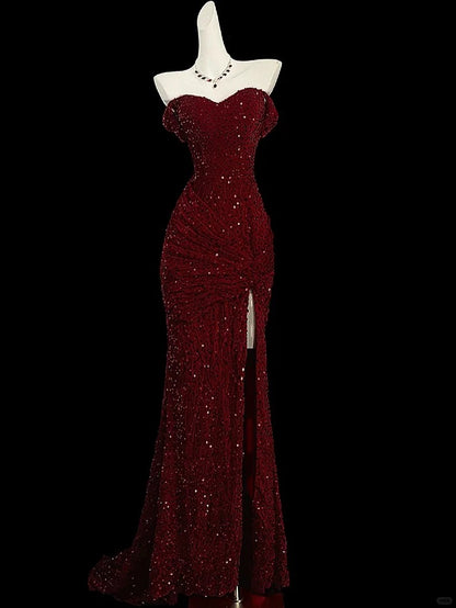 Robe de soirée bordeaux brillante à paillettes et queue de poisson gh4363
