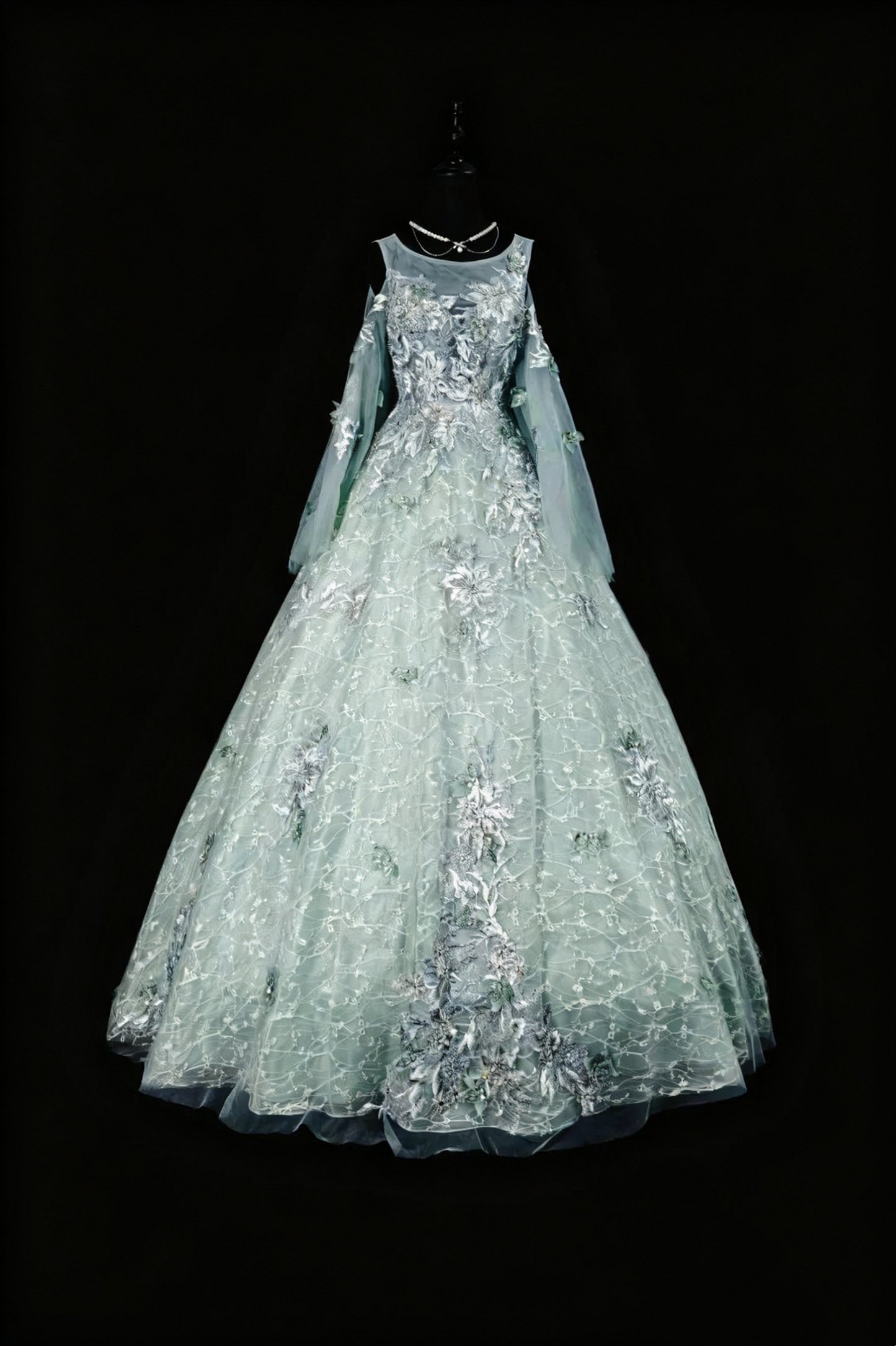 girlhomeshops - Robe de bal longue en tulle vert délicat avec appliqués gh6287