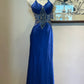Robe de soirée longue en satin bleu, luxueuse et élégante, avec strass, pour bal de promo, anniversaire, gh4944