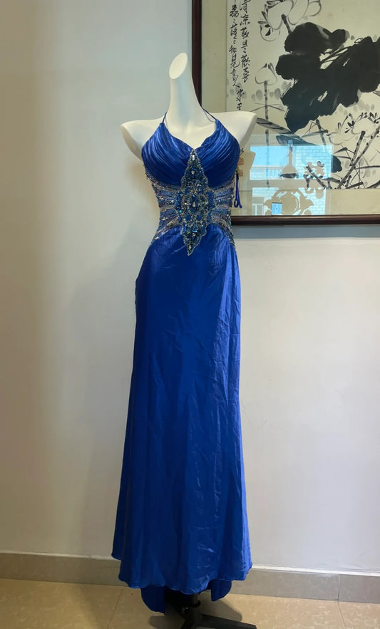Robe de soirée longue en satin bleu, luxueuse et élégante, avec strass, pour bal de promo, anniversaire, gh4944