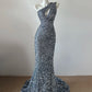 Silber glänzendes, modisches, langes Pailletten-Ballkleid, Abendkleid, Partykleid gh4837