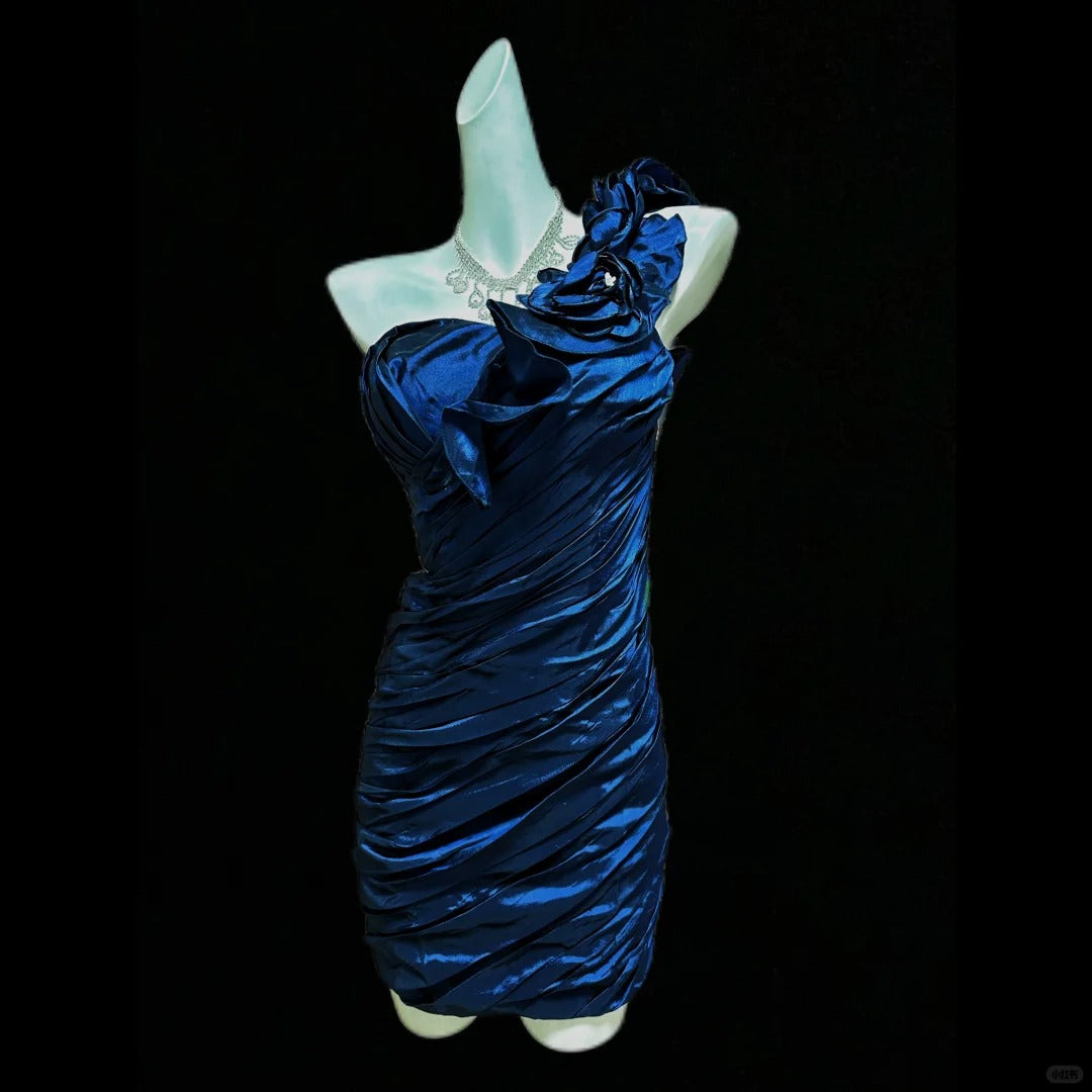 Blaues kurzes Satin-Heimkehrkleid mit Blumenmuster, Ballkleid, Geburtstagskleid, gh4638