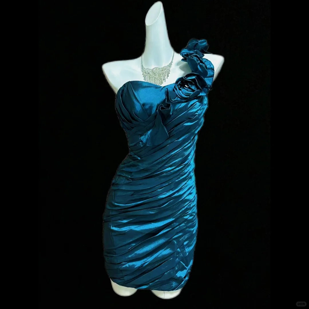 Blaues kurzes Satin-Heimkehrkleid mit Blumenmuster, Ballkleid, Geburtstagskleid, gh4638