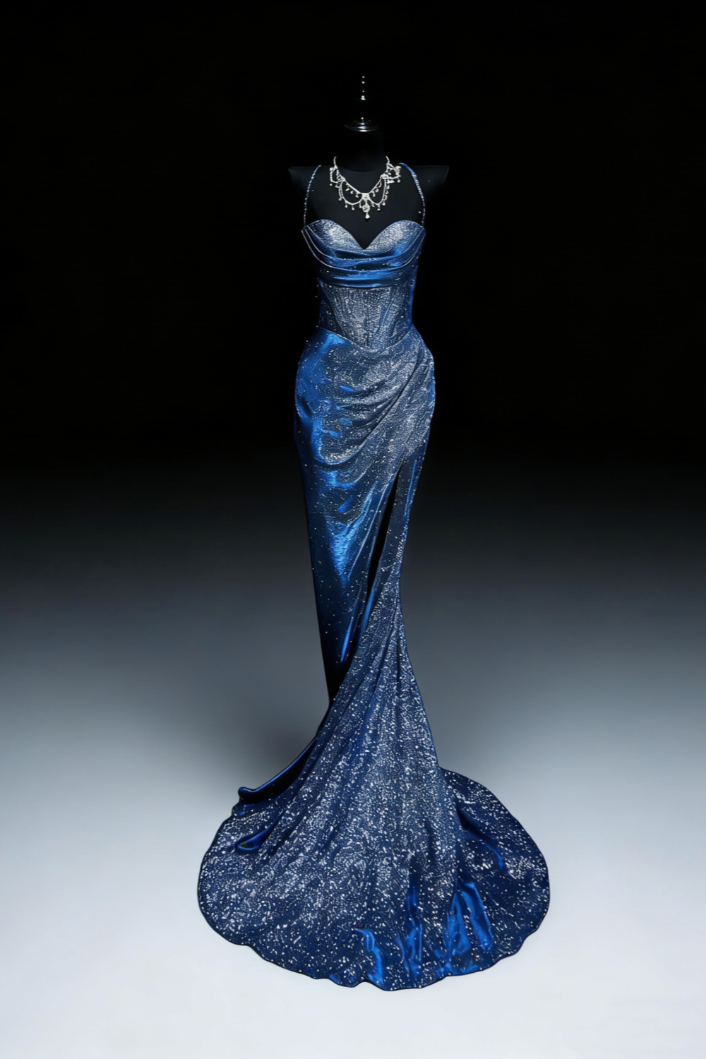 Galaxie-schimmerndes, blau glitzerndes Meerjungfrauenkleid im Regenbogen-Stil – Abendkleid und Kleid für den roten Teppich im Sternenlicht-Stil gh6570
