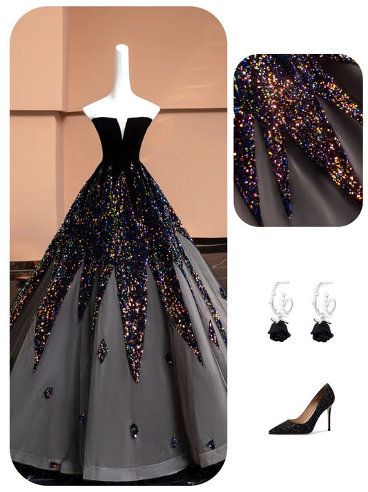 Robe de soirée longue noire brillante et élégante en tulle à paillettes, tenue de bal, gh4876