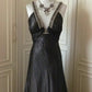 ✨🖤Robe de soirée longue en satin à col en V profond et perles noires, style cygne noir vintage Downton Abbey gh4390