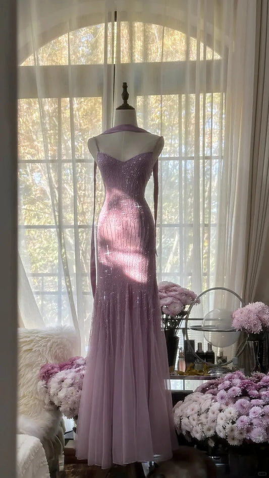 Rosa Lila Herrlich Glänzend Elegant Exquisite Perlenbesetzte Meerjungfrau Slim Fit Lange Chiffon Spaghettiträger Tüll Pailletten Formelles Ballkleid Abendkleid Partykleid gh3654