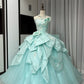 Mintgrünes, wunderschönes, langes Ballkleid aus Satin-Tüll mit Perlenbesatz, gh4827