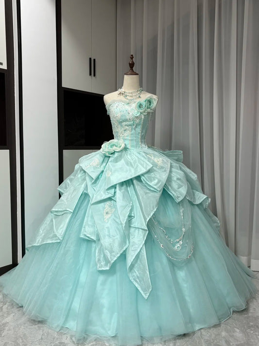 Mintgrünes, wunderschönes, langes Ballkleid aus Satin-Tüll mit Perlenbesatz, gh4827