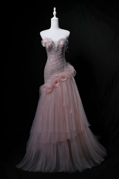Light Pink Strapless Beaded Waist-Cinched Bodycon Elegant Evening Dress, Fairy Gown, Romantic Gown gh7463
