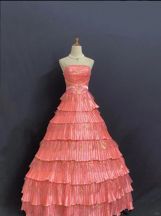 Pink Strapless Long Romantic Gown, Cinched Waist, Voluminous Tiered Cake Skirt, Wedding & Bridal Dress gh8313