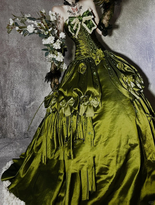 Green gorgeous exquisite beaded long satin ball gown evening dress party dress gh4500